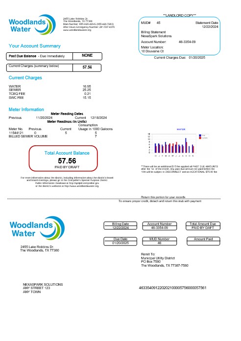USA Woodlands water business utility bill Word and PDF template PSD template